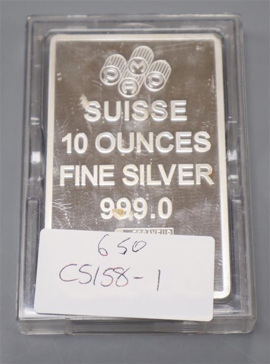 A Suisse 10 ounces fine silver ingot.